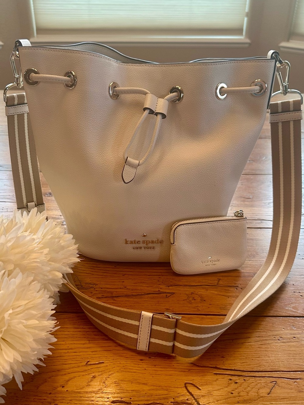 Kate Spade Rosie Pebbled Leather Mini Bucket Bag with coin purse, Parchment NWOT
